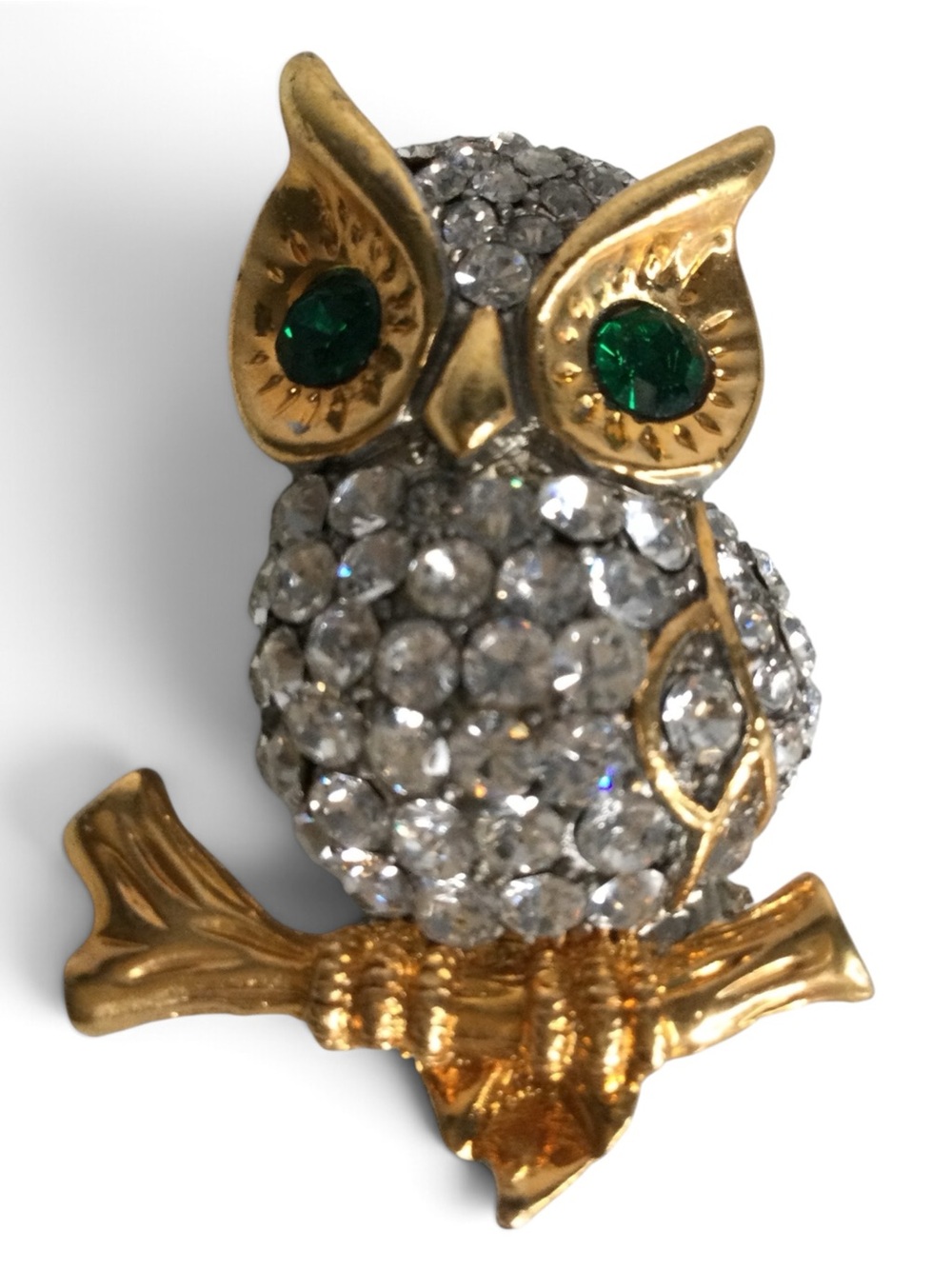 Rare Vintage R/G Gold‑Tone Owl Brooch w/ Clear Pavé Rhinestones & Green Eyes